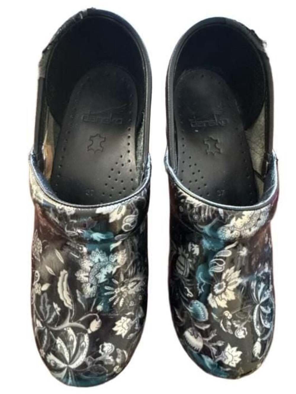 Dansko Professional Black and White Floral Patent Leather Clogs Size 37